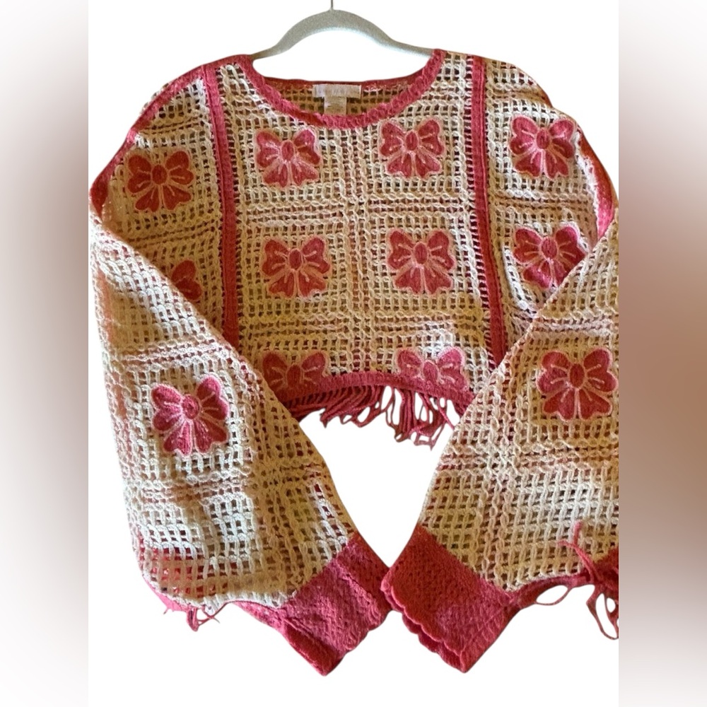 House of Harlow 1960 Crochet Knit Shawl Fringe Poncho - Picture 2 of 9